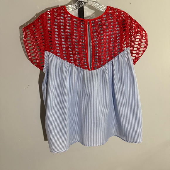 Anthropologie Tops - Anthropologie Red Crochet & Blue Stripe Cap-Sleeve Blouse